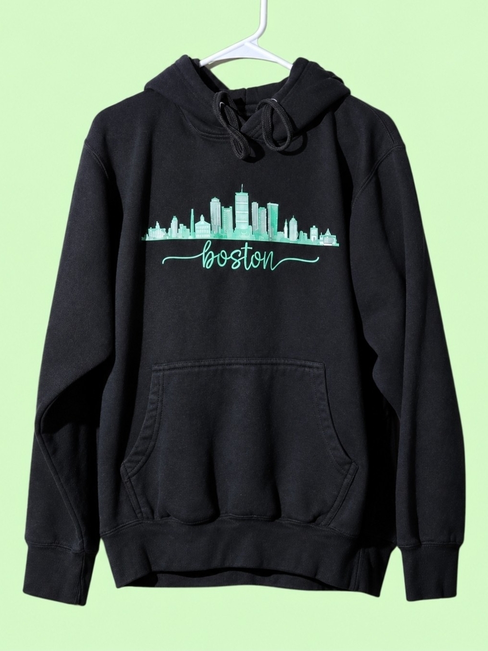 My Neighborhoodie Black Hoodie with Green Graphic Boston Skyline